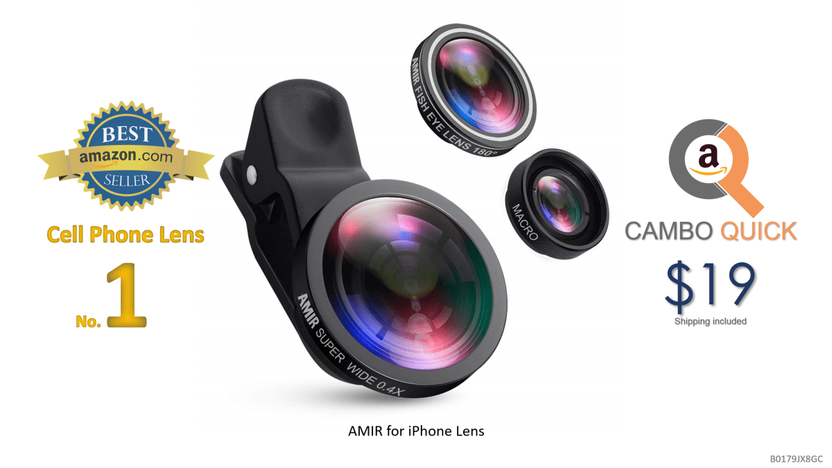 AMIR for iPhone Lens, 0.4X Wide Angle Lens + 180°Fisheye Lens & 10X Macro Lens (Screwed Together), Clip on Cell Phone Lens for iPhone Camera Lens for iPhone.png