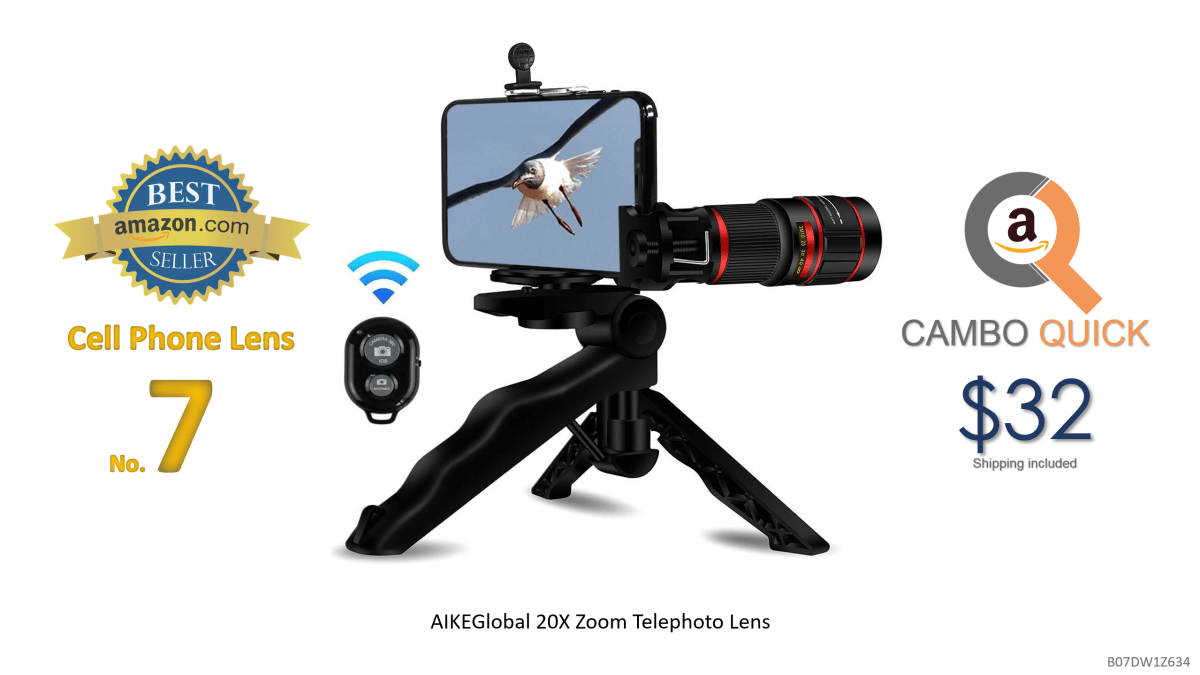 Phone Camera Lens, AIKEGlobal 20X Zoom Telephoto Lens, Stronger Phone Tripod, Wireless Remote Shutter,Photo Holder Compatible iPhone, Samsung,iPad and Most Smartphones.png