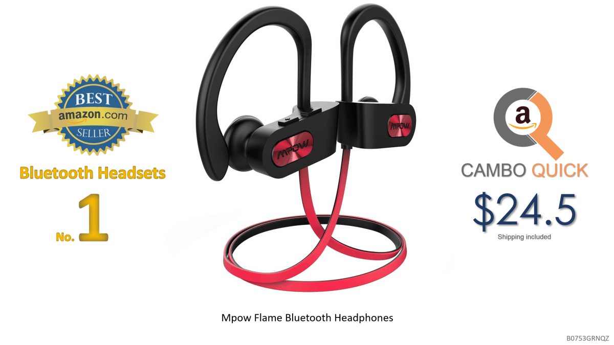 Mpow Flame Bluetooth Headphones Waterproof IPX7, Wireless Earbuds Sport, Richer Bass HiFi Stereo in-Ear Earphones wMic, Case, 7-9 Hrs Playback Noise