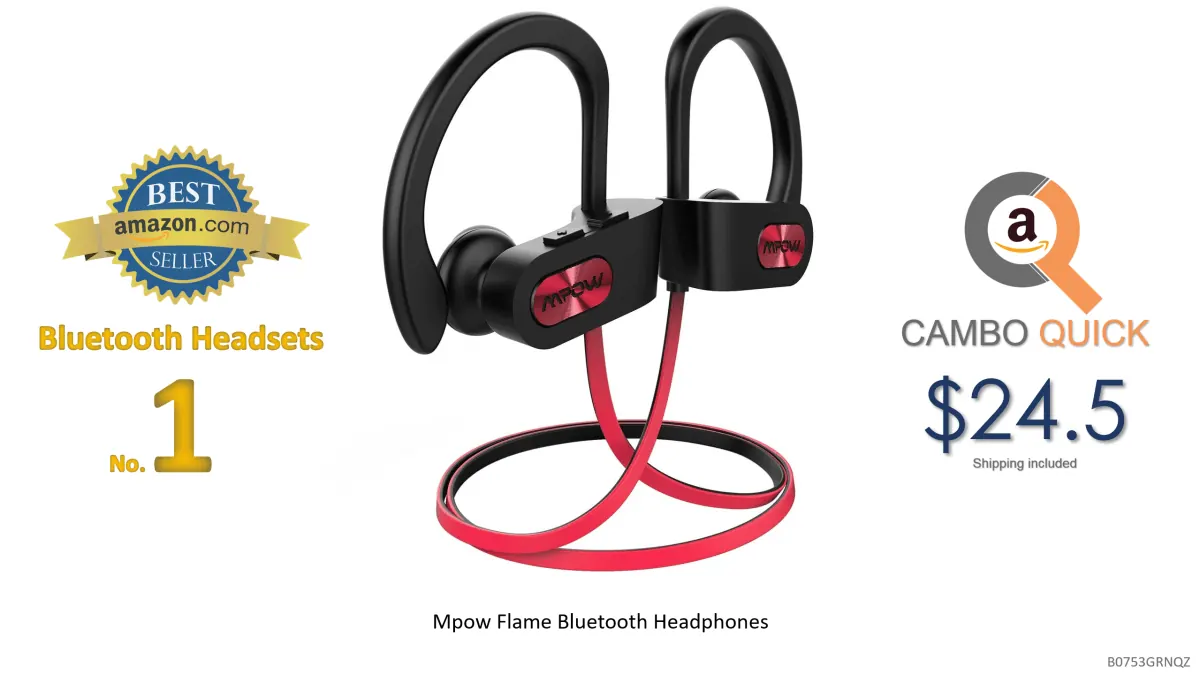 Mpow Flame Bluetooth Headphones Waterproof IPX7, Wireless Earbuds Sport, Richer Bass HiFi Stereo in-Ear Earphones wMic, Case, 7-9 Hrs Playback Noise
