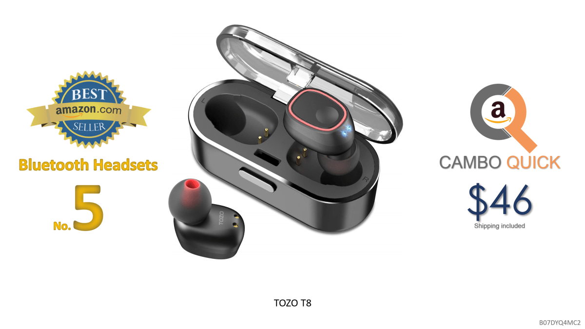 TOZO T8 True Wireless Stereo Headphones TWS Bluetooth in-Ear Earbuds with Charging Case Built-in Mic Headset. Premium Sound with Bass for Running Sport