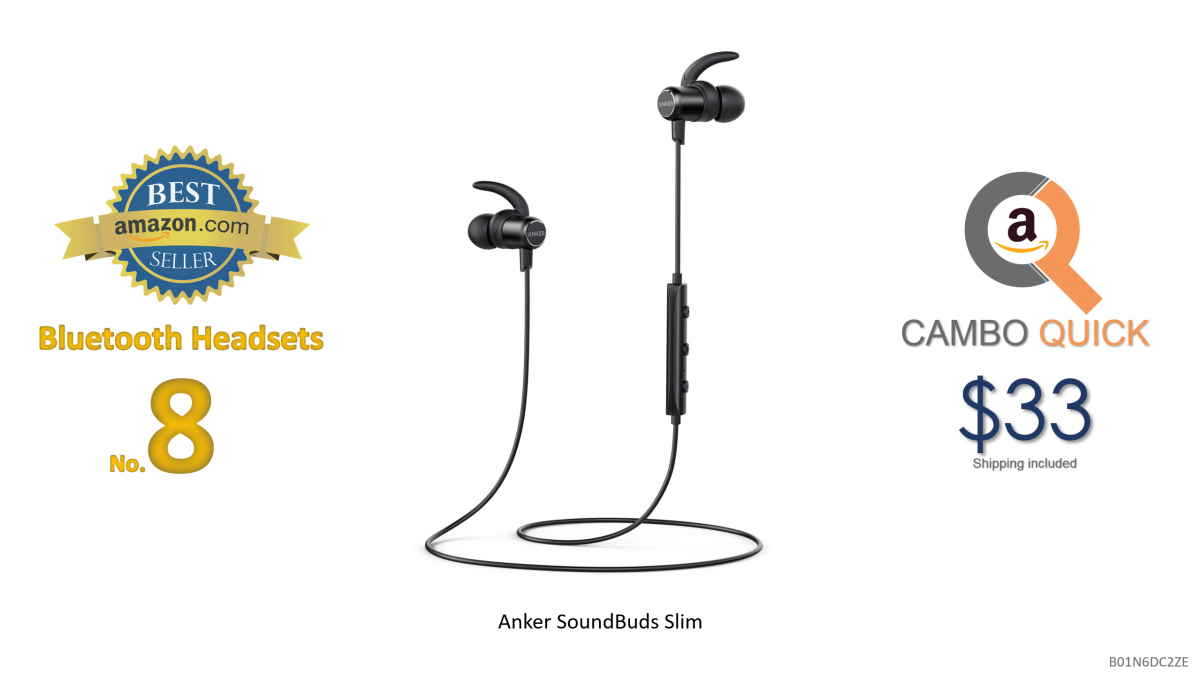 Anker SoundBuds Slim Wireless Headphones, Lightweight Bluetooth 4.1, Stereo IPX5, Earbuds with Magnetic Connection Nano Coating, Sweat Resistant, Sports
