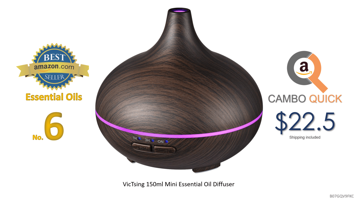 VicTsing 150ml Mini Aroma Essential Oil Diffuser, Wood Grain Cool Mist Humidifier for Office Home Study Yoga Spa, 14 Color Lights (Black).png